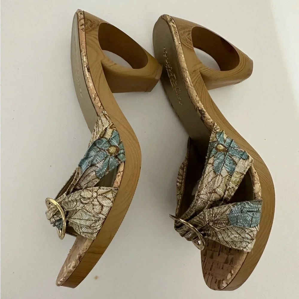 Petals Bling Jacquard Cork-Look Platform Mules Gold Ring Y2K Size 7